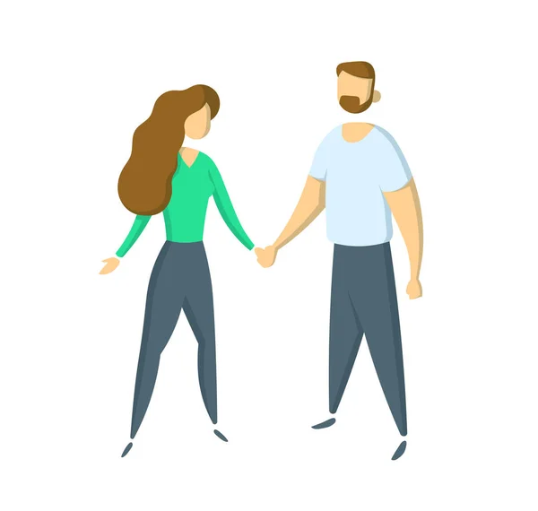 Young casually dressed couple standing holding hands. Simple. Flat vector illustration. Isolated on white background. — Stock Vector