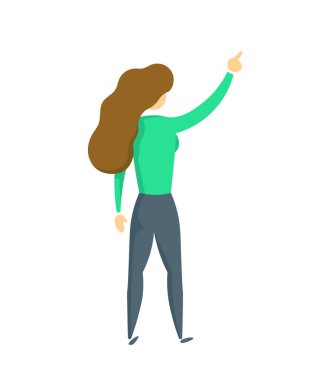 Arka görünümü kadar sağ eliyle yeşil kazaklı genç bayan. Düz vektör çizim. Beyaz arka plan üzerinde izole.