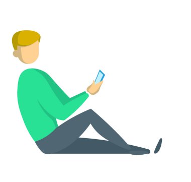 Duvara yaslanmış onun smartphone ile katta oturan genç adam. Freelancing ve dijital pazarlama, sosyal medya. Düz vektör çizim. Beyaz arka plan üzerinde izole.