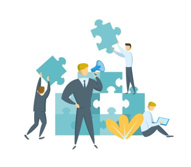 Lider ekibi yolunda başarı yol gösterici bir megafon ile. Takım çalışması ve liderlik kavramı. Dev yapboz parçaları ile işadamları. Ortaklık, işbirliği. Düz vektör çizim. İzole.
