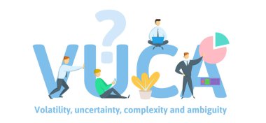VUCA, volatilite, belirsizlik, karmaşıklık ve belirsizlik genel şartlar ve durumlar. Anahtar kelimeler, harfler ve simgeler konseptiyle. Beyaz arka plan üzerinde düz vektör çizim.
