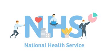 NHS, Ulusal Sağlık Servisi. Anahtar kelimeler, harfler ve simgeler konseptiyle. Beyaz arka plan üzerinde düz vektör çizim.