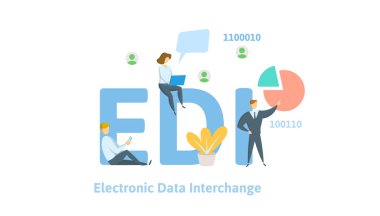 EDI, elektronik veri değişimi. Anahtar kelimeler, harfler ve simgeler konseptiyle. Beyaz arka plan üzerinde düz vektör çizim.