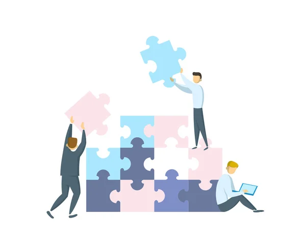 Teamwork concept. Ondernemers samen te werken en de richting van succes. Mensen met gigantische puzzelstukjes. Partnerschap, samenwerking. Platte vectorillustratie. Geïsoleerd op witte achtergrond. — Stockvector