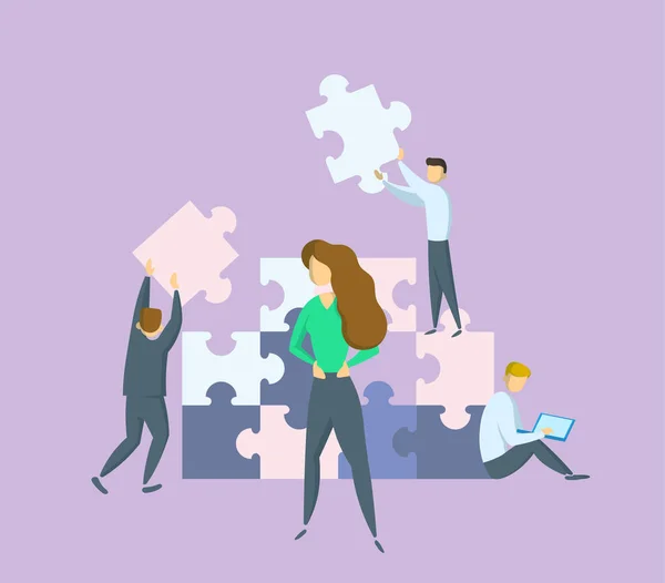 Businesswomen in front of giant puzzle pieces. Lady boss in charge. Teamwork and leadership concept. Flat vector illustration. Isolated. — Stock Vector