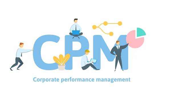 CPM, Corporate Performance Management. Koncept med sökord, bokstäver och symboler. Flat vektorillustration på vit bakgrund. — Stock vektor