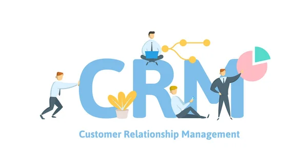 Crm, 고객 관계 관리 키워드, 편지와 아이콘 개념입니다. 흰색 바탕에 평면 벡터 일러스트 레이 션. — 스톡 벡터