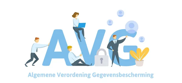 GDPR na Holanda. Algemene verordening gegevensbescherming. Pessoas sentadas em grandes cartas do AVG com símbolos de segurança da Internet por perto. RGPD, AVG, DSGVO, DPO. Ilustração vetorial plana. Isolados . — Vetor de Stock