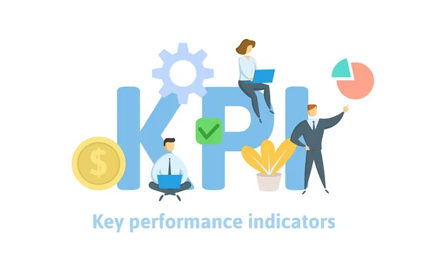 Principais indicadores de desempenho, KPI. Conceito com palavras-chave, letras e ícones. Ilustração vetorial plana sobre fundo branco . —  Vetores de Stock