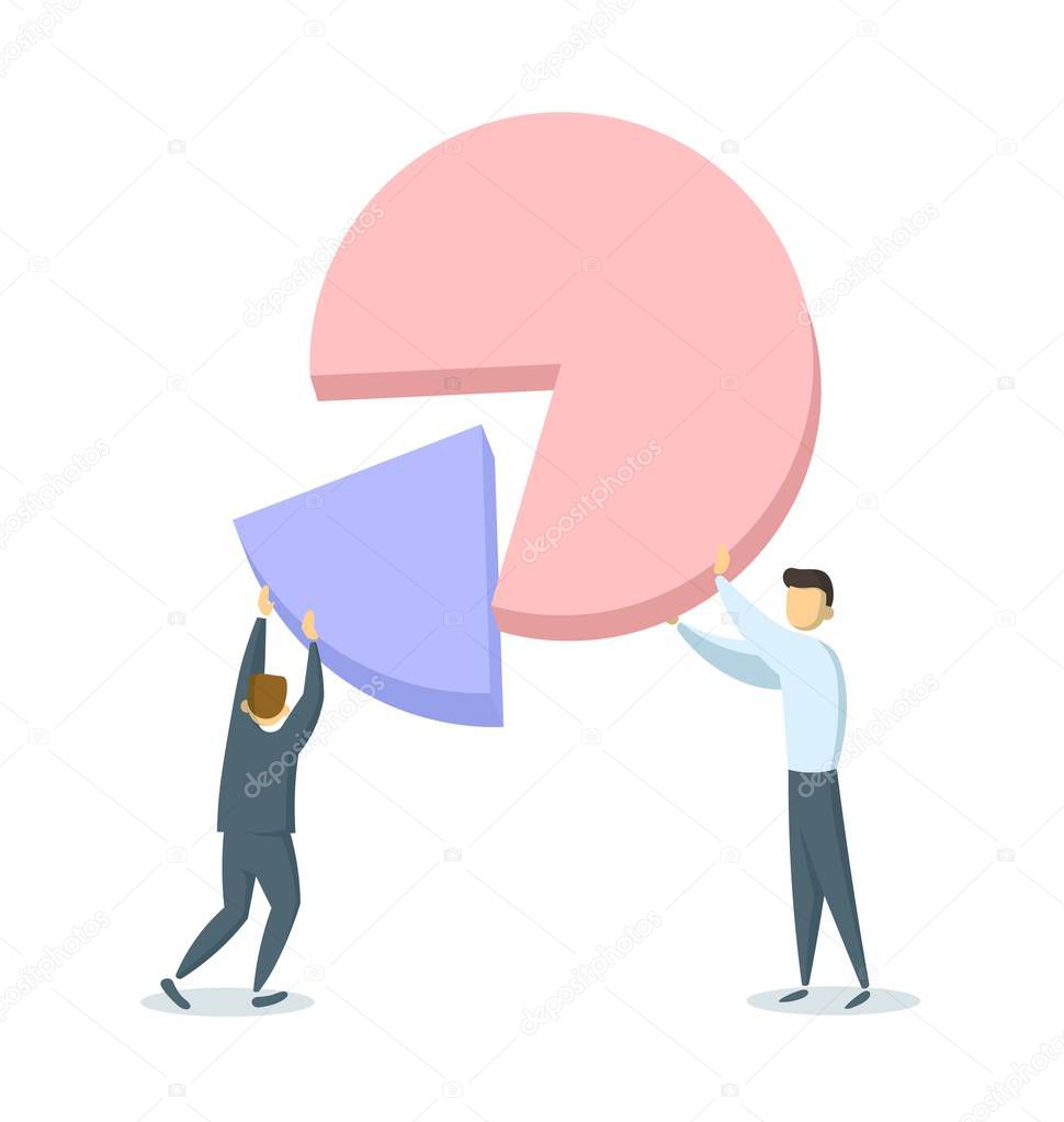 Two businessmen putting together portions of a pie chart. Profit sharing, successful partnerships, company shares ownership, and shareholders. Flat vector illustration. Isolated on white background.