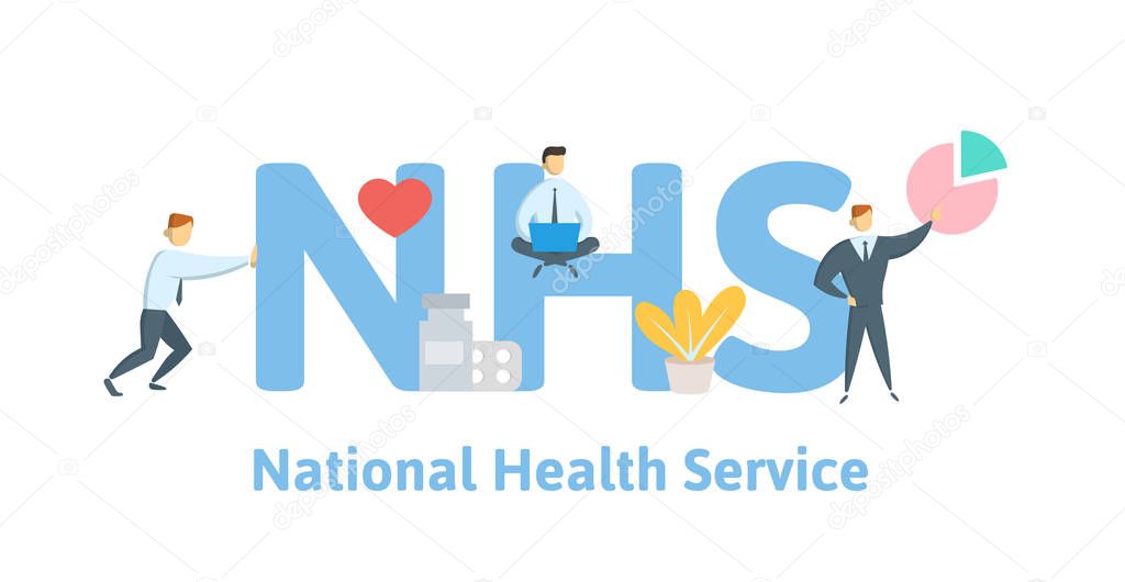 NHS, National Health Service. Concept with keywords, letters and icons. Flat vector illustration on white background.