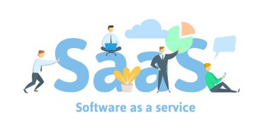 SaaS, yazılımı bir hizmet olarak. Yazılım bilgisayar, mobil cihazlar, kodları, app sunucu ve veritabanı bulut. Beyaz arka plan üzerinde izole düz stil vektör çizim.