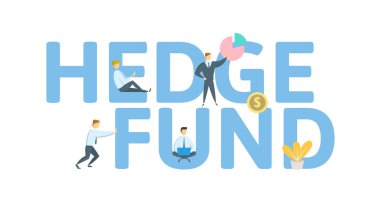 Hedge fon. Anahtar kelimeler, harfler ve simgeler konseptiyle. Beyaz arka plan üzerinde renkli düz vektör çizim.