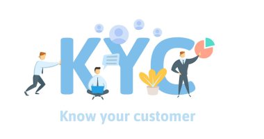 KYC, müşteri biliyorum. Anahtar kelimeler, harfler ve simgeler konseptiyle. Beyaz arka plan üzerinde düz vektör çizim.