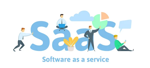 Saas, 软件即服务。计算机、移动设备、代码、应用服务器和数据库上的云软件。向量例证在平的样式, 查出在白色背景. — 图库矢量图片