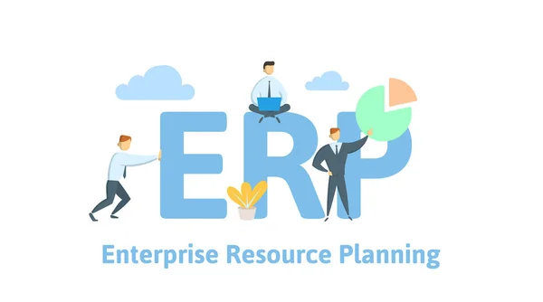 ERP, enterprise resourceplanning. Productiviteit en verbetering. Concept tafel met mensen, letters en iconen. Platte vectorillustratie op witte achtergrond. — Stockvector