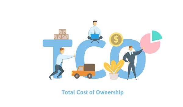 TCO, costo totale di proprietà. Concetto con parole chiave, lettere e icone. Illustrazione vettoriale piatta su sfondo bianco . — Vettoriale Stock
