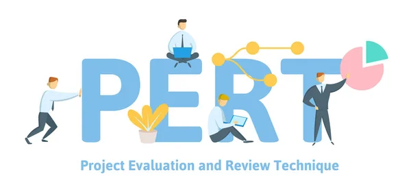 PERT, projekt hodnocení a přezkumu technika. Koncepce výrobních řad s klíčová slova, písmena a ikony. Plochá vektorové ilustrace na bílém pozadí. — Stockový vektor
