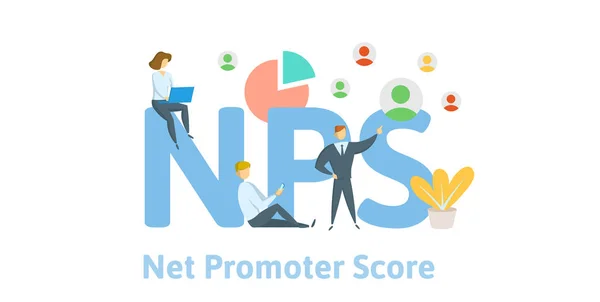 NPS, Net promotor Score. Concept met trefwoorden, brieven en pictogrammen. Platte vectorillustratie op witte achtergrond. — Stockvector