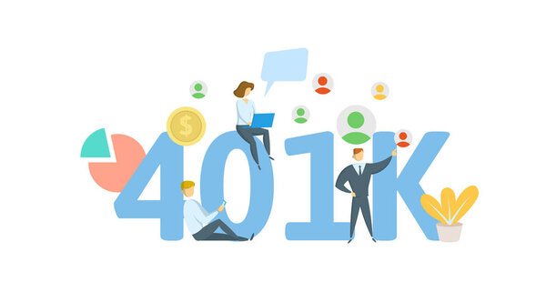 401K pension account, retirement. Acronym with characters, letters and text. Flat vector illustration on white background.