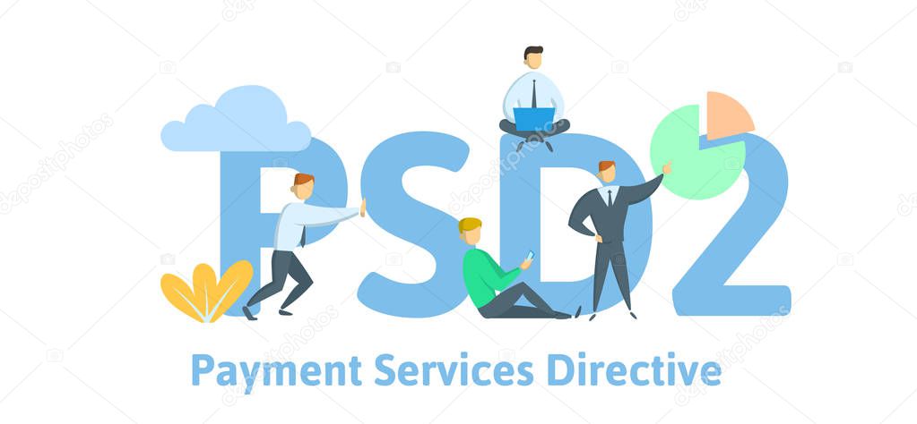 PSD2, Payment Services Directive 2. Concept table with people, letters and icons. Flat vector illustration on white background.