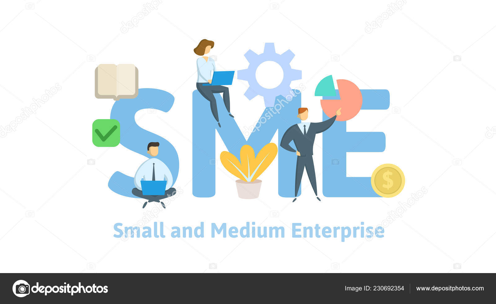 SME, Small and Medium Enterprise. Concept with people, letters and ...