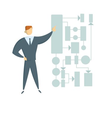Genç girişimci iş proje planı sunusu, grafik veya düzeni gösterilen. Renkli düz stil vektör çizim. Beyaz arka plan üzerinde izole.