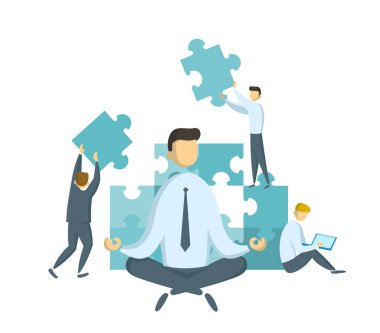Lotus işadamı poz izlerken puzzle parçaları araya koymak ediliyor. Takım çalışması ve liderlik. Lider ve stres yönetimi. Ortaklık ve işbirliği. Düz vektör çizim. İzole.