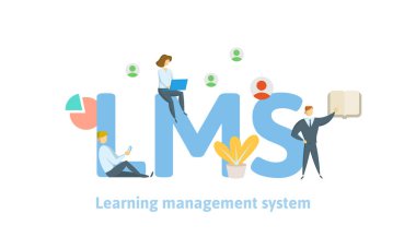Lms, öğrenme yönetim sistemi. Anahtar kelimeler, harfler ve simgeler konseptiyle. Beyaz arka plan üzerinde düz vektör çizim.