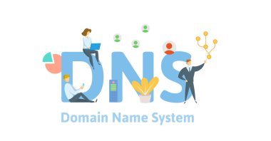 DNS kavramı, etki alanı adı sistemi. Beyaz arka plan üzerinde izole düz stil vektör çizim.