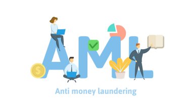 Aml, Anti kara para aklama. Anahtar kelimeler, harfler ve simgeler konseptiyle. Beyaz arka plan üzerinde düz vektör çizim.