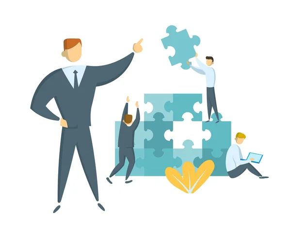 Teamwork and leadership concept. Leader guiding his team towards success. Businessmen with giant puzzle pieces. Idea of partnership and collaboration. Flat vector illustration. Isolated. — Stock Vector