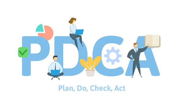 PDCA, Plan,, Check, Act. Concept met trefwoorden, brieven en pictogrammen. Platte vectorillustratie op witte achtergrond. — Stockvector