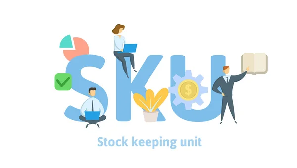 SKU, stock keeping unit. Koncept med sökord, bokstäver och symboler. Flat vektorillustration på vit bakgrund. Isolerade. — Stock vektor