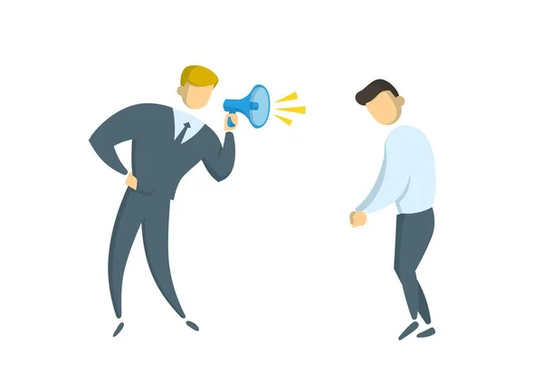 Angry businessman with a megaphone shouting at the manager. Bullying At Work. Flat vector illustration. Isolated on white background. — Stock Vector