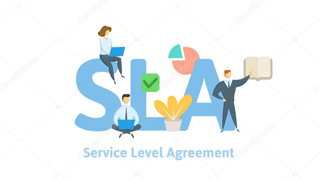 SLA, Service Level Agreement. Concept with keywords, letters and icons. Flat vector illustration on white background.