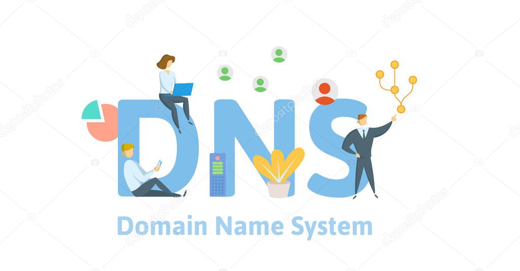 DNS concept, Domain Name System. Vector illustration in flat style, isolated on white background.