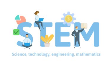 Kök, bilim, teknoloji, mühendislik ve matematik. Anahtar kelimeler, harfler ve simgeler konseptiyle. Beyaz arka plan üzerinde düz vektör çizim.
