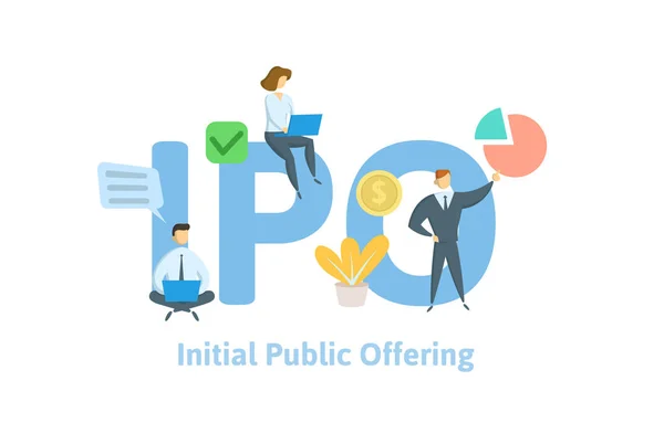 IPO, počáteční veřejné nabídky. Koncept s lidmi, písmena a ikony. Plochá vektorové ilustrace. Izolované na bílém pozadí. — Stockový vektor