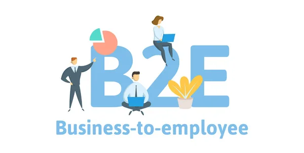 B2E, d'entreprise à employé. Concept avec mots-clés, lettres et icônes. Illustration vectorielle plate. Isolé sur fond blanc . — Image vectorielle