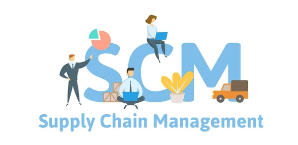 SCM - Supply Chain Management. Koncept med sökord, bokstäver och symboler. Flat vektorillustration. Isolerad på vit bakgrund. — Stock vektor