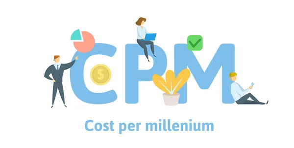 CPM, kostnad per mille, kostnad per millenium. Koncept med sökord, bokstäver och symboler. Flat vektorillustration. Isolerad på vit bakgrund. — Stock vektor