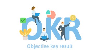 Okr, amaçları ve anahtar sonuçları. Anahtar kelimeler, harfler ve simgeler konseptiyle. Düz vektör çizim. Beyaz arka plan üzerinde izole.