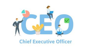 CEO, Yönetim Kurulu Başkanı. Anahtar kelimeler, harfler ve simgeler konseptiyle. Düz vektör çizim. Beyaz arka plan üzerinde izole.