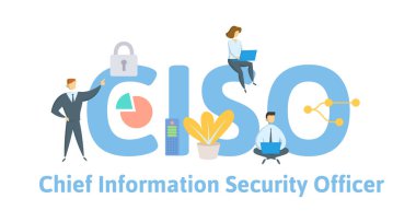 Ciso, baş bilgi güvenlik görevlisi. Anahtar kelimeler, harfler ve simgeler konseptiyle. Düz vektör çizim. Beyaz arka plan üzerinde izole.