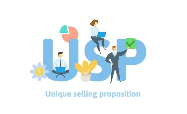 Usp 独特的销售主张 带有关键字 字母和图标的概念 彩色平面矢量插图 隔离在白色背景上 — 图库矢量图片