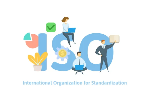 ISO standart, διεθνής οργανισμός τυποποίησης. Έννοια με ανθρώπους, επιστολές και εικόνες. Επίπεδη διανυσματικά εικονογράφηση. Απομονωμένα σε λευκό φόντο. — Διανυσματικό Αρχείο