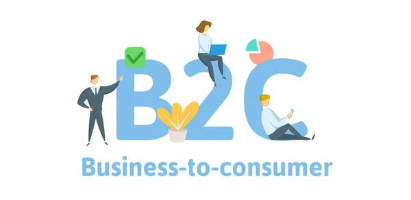 B2c, bedrijf aan de consument. Concept met trefwoorden, letters en iconen. Platte vectorillustratie. Geïsoleerd op witte achtergrond. — Stockvector