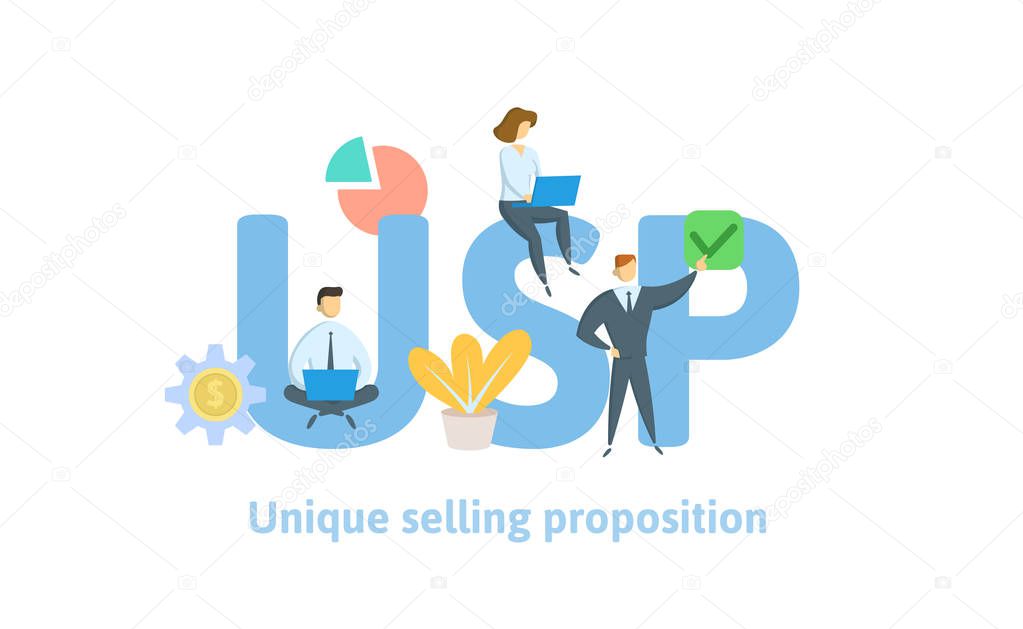 USP, unique selling proposition. Concept with keywords, letters, and icons. Colored flat vector illustration. Isolated on white background.