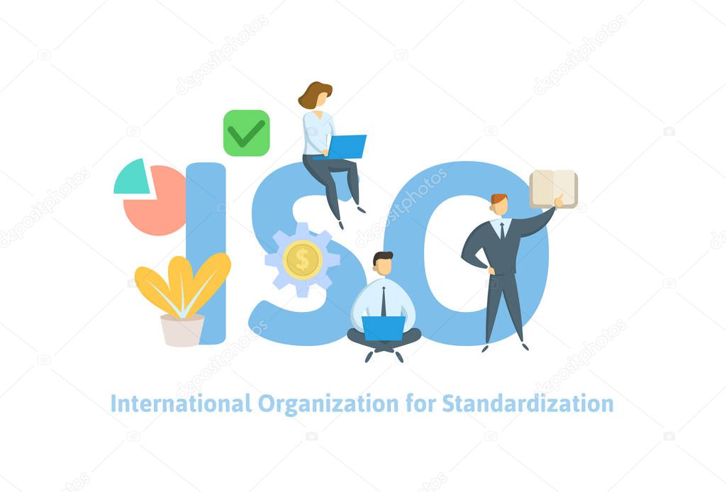 ISO standart, International Organization for Standardization. Concept with people, letters, and icons. Flat vector illustration. Isolated on white background.